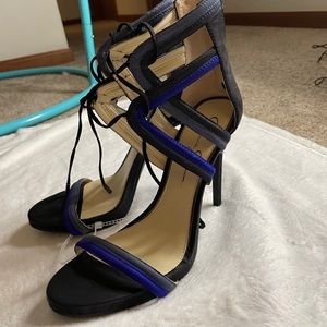 Blue and black leather, strap up 4 inch heeled sandals NWT